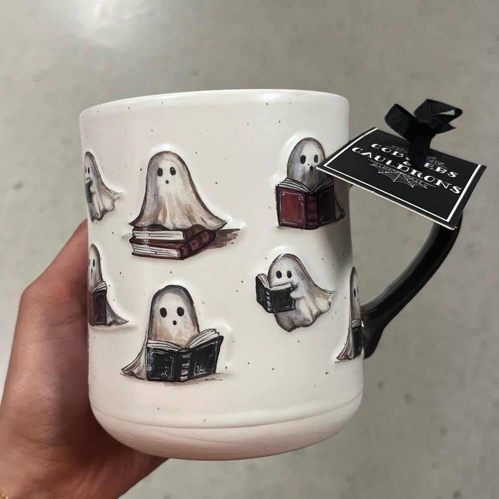 Cobwebs and Cauldrons Halloween Ghost Reading Books Coffee Drink Mug